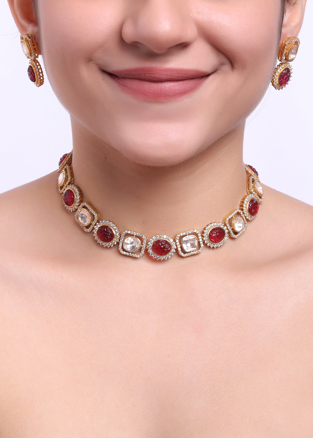 Moissanite Polki Zircon Red Necklace Set