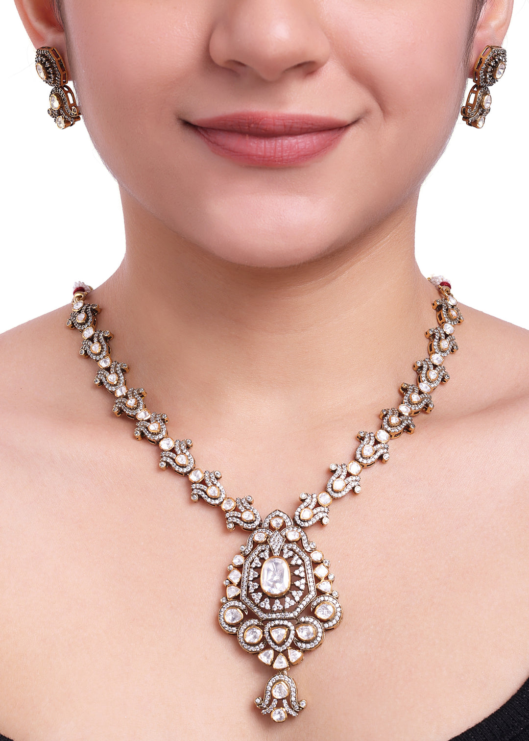 Silver Antique Moissanite Polki Necklace Set