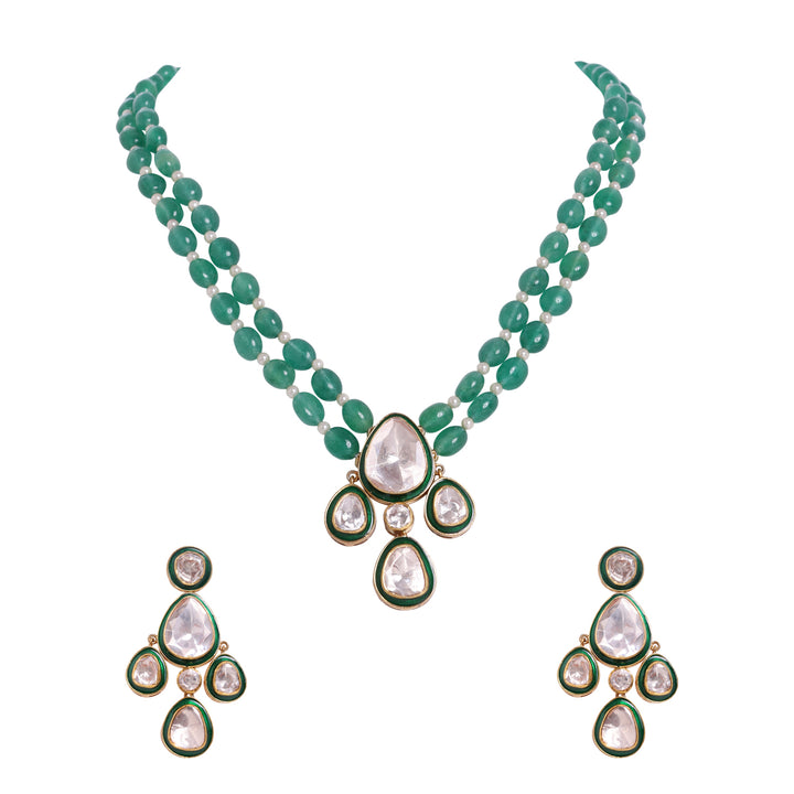 Silver Moissanite Polki Zircon Green Necklace Set