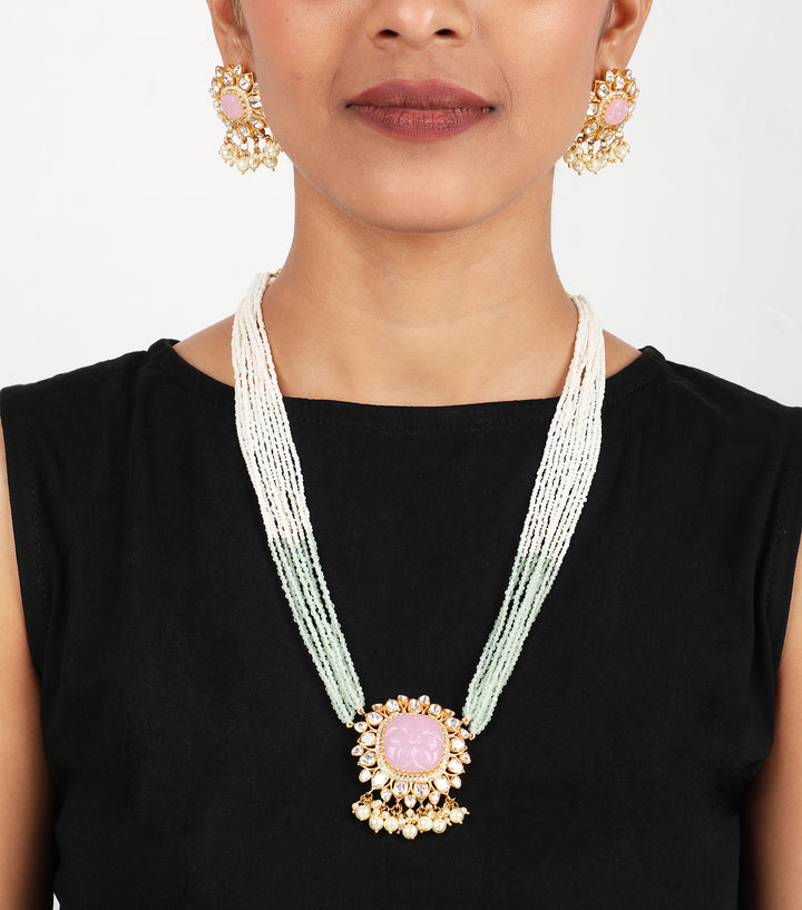 Moissanite Polki Rose Quartz Necklace Set