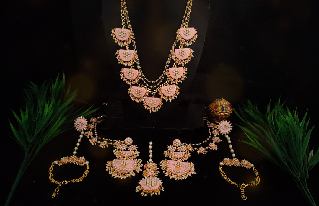 Ardita Light Pink Studded Long Neckpiece Complete Set