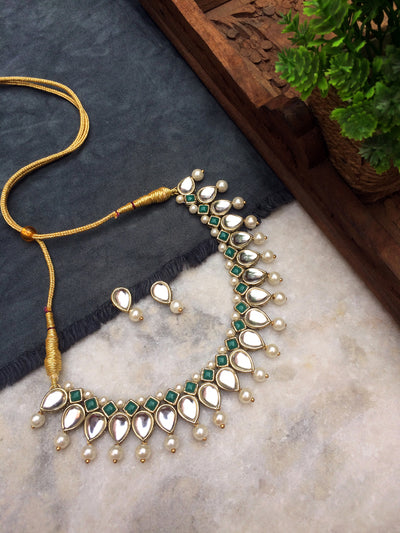 Kundan Pearl and Green Stone Drop Necklace