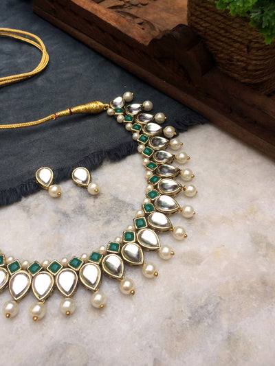 Kundan Pearl and Green Stone Drop Necklace